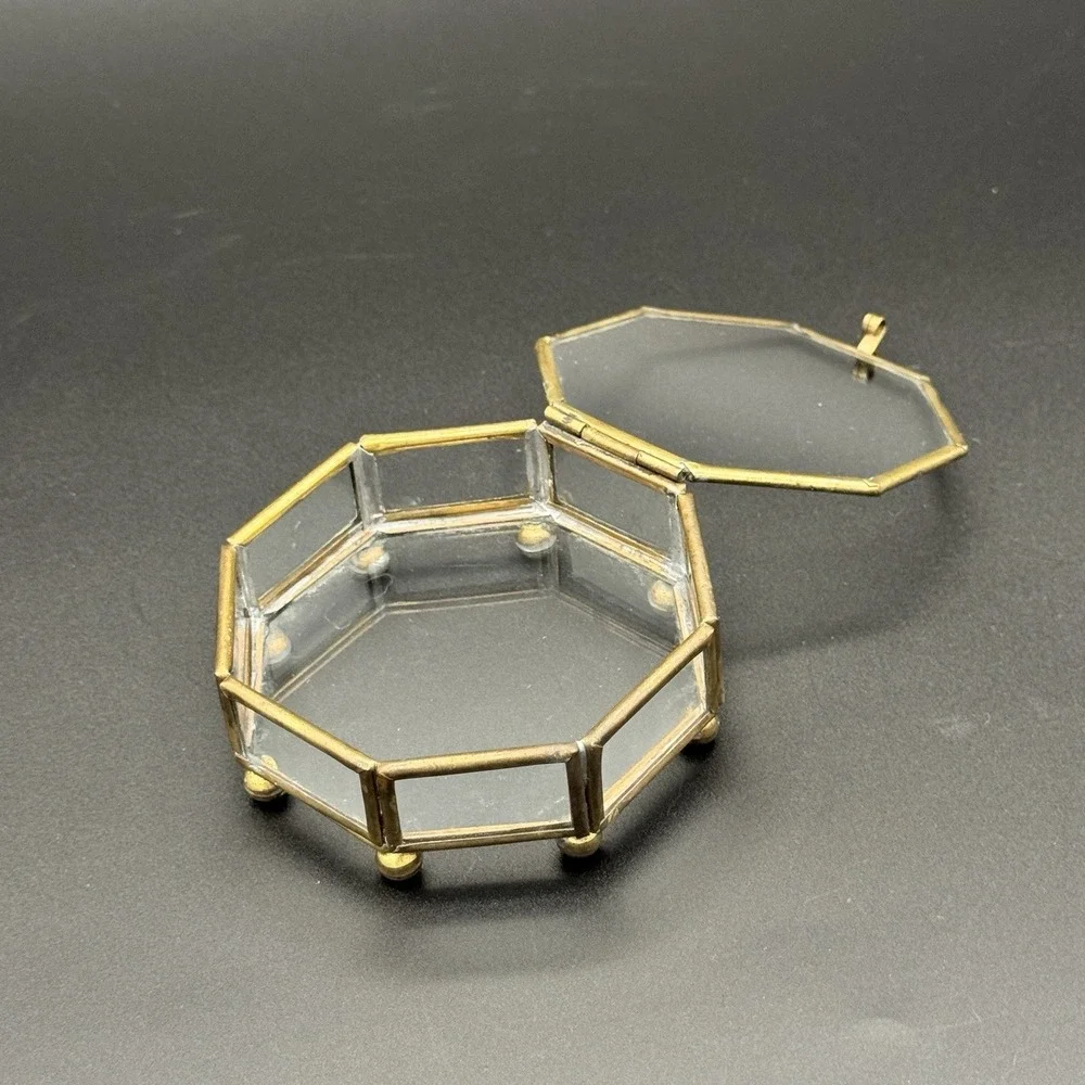 Vintage Brass & Glass Octagon Trinket Box Casket Jewelry Box Hinged Lid 3.5